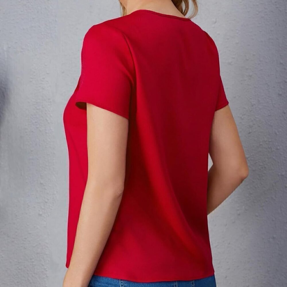 COZYEASE Women's Fold Pleated Notch V Neck Blouses Casual Short Sleeve Shirt Top - Picture 2 of 6